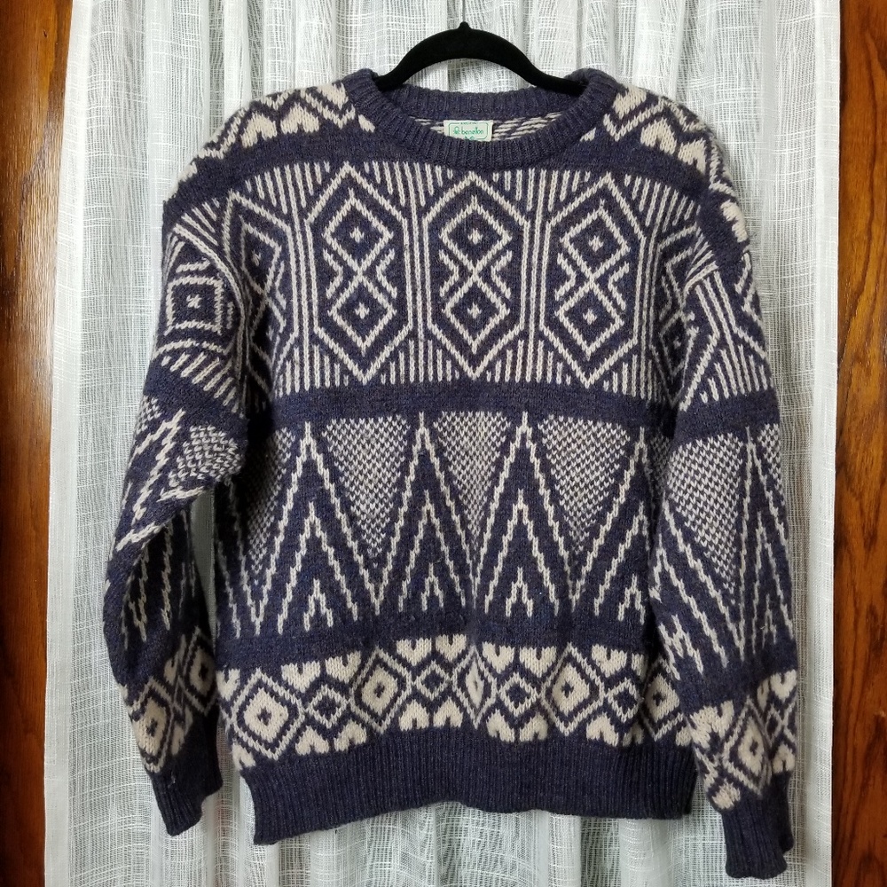 Men’s Benetton Shetland wool sweater blue white